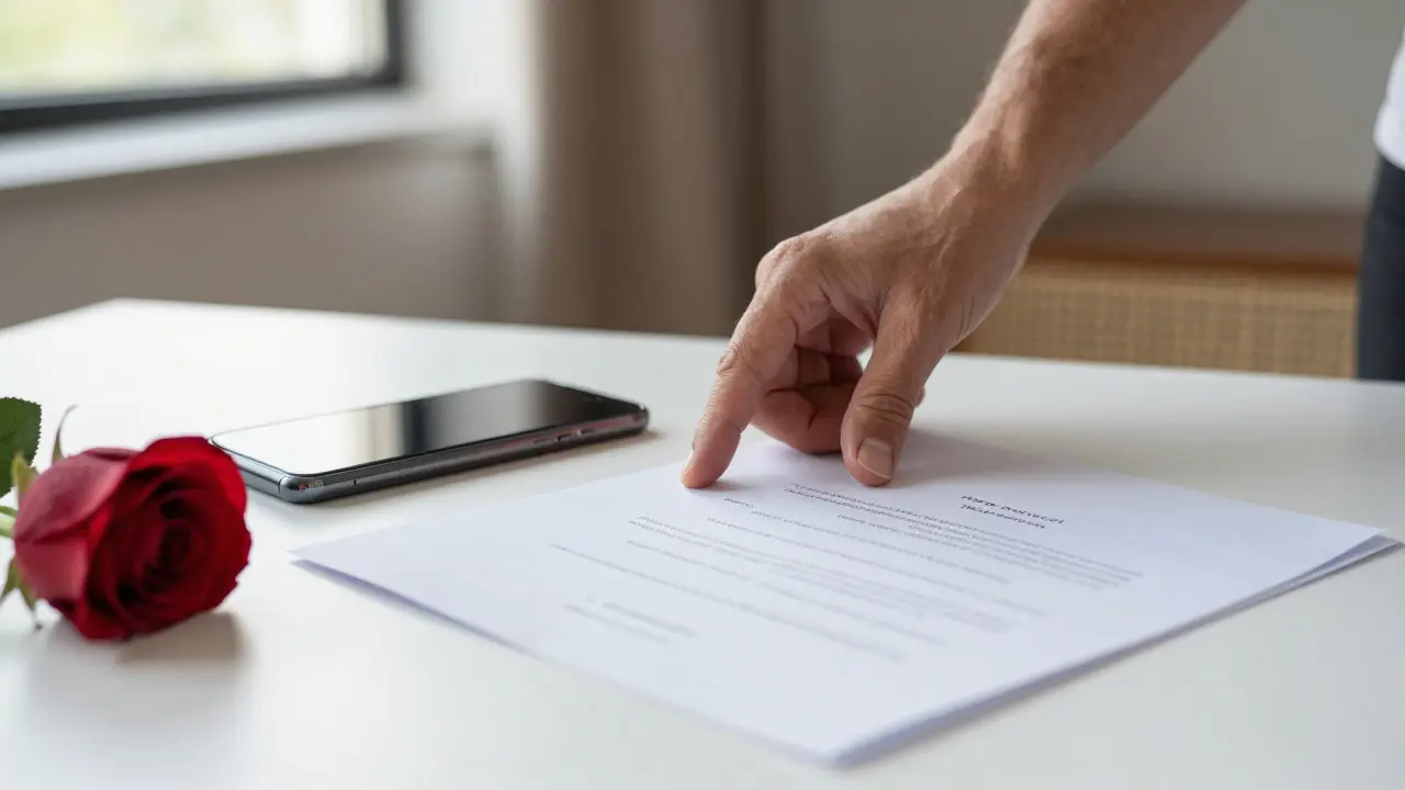 Ruky klade podepsaný etický kódex tantrické masáže na stůl s květinou a vypnutým telefonem.