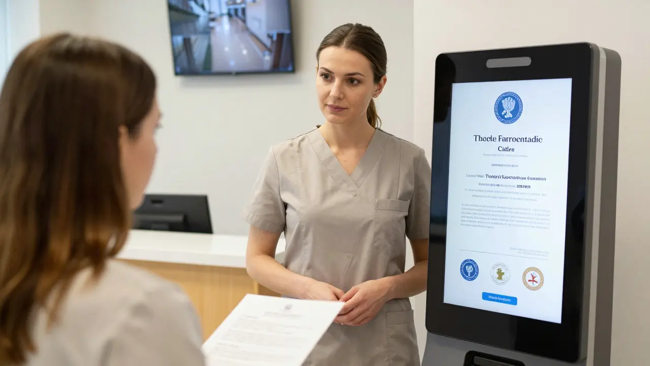 Terapeuta ukazuje podepsaný souhlas a certifikace v profesionálním prostředí s viditelnými bezpečnostními opatřeními.