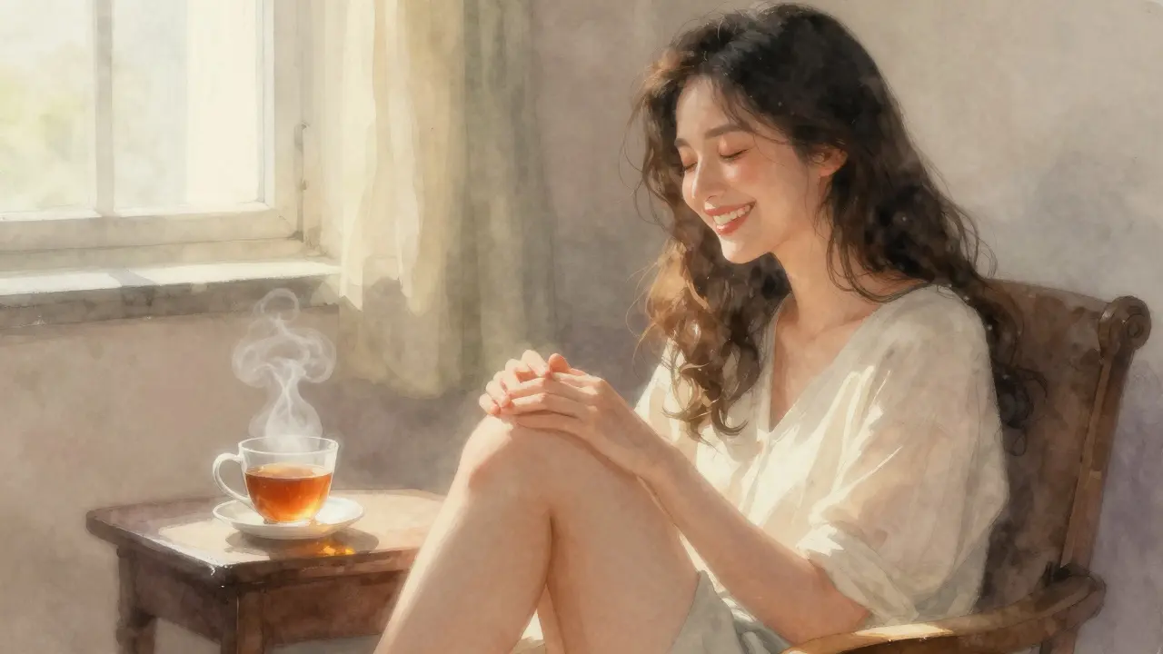 Žena se směje s očima zavřenými, ticho a světlo kolem ní.