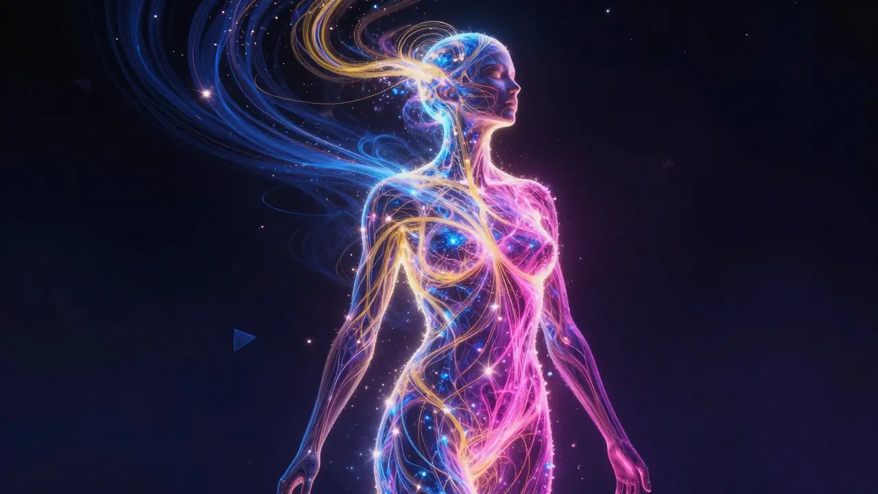 Abstraktní postava z hvězdného prachu s energií stoupající k temeni