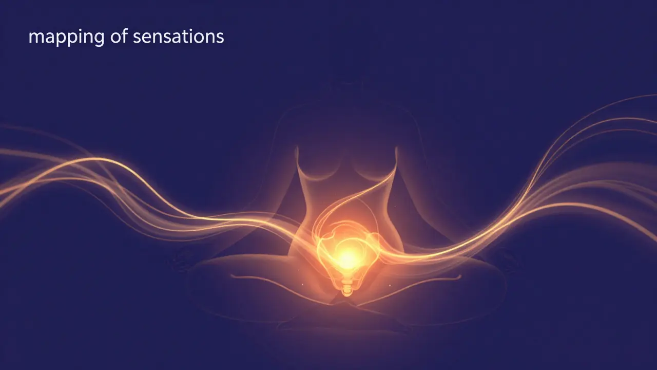 Abstraktní silueta ženy s teplým zlatým světlem v oblasti pánve symbolizující uvolnění.