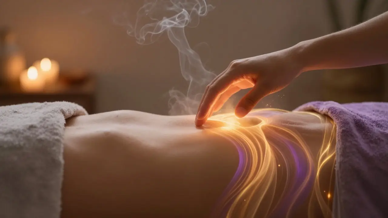 Abstraktní zobrazení zlatého energetického toku v oblasti podbřišku během tantry.