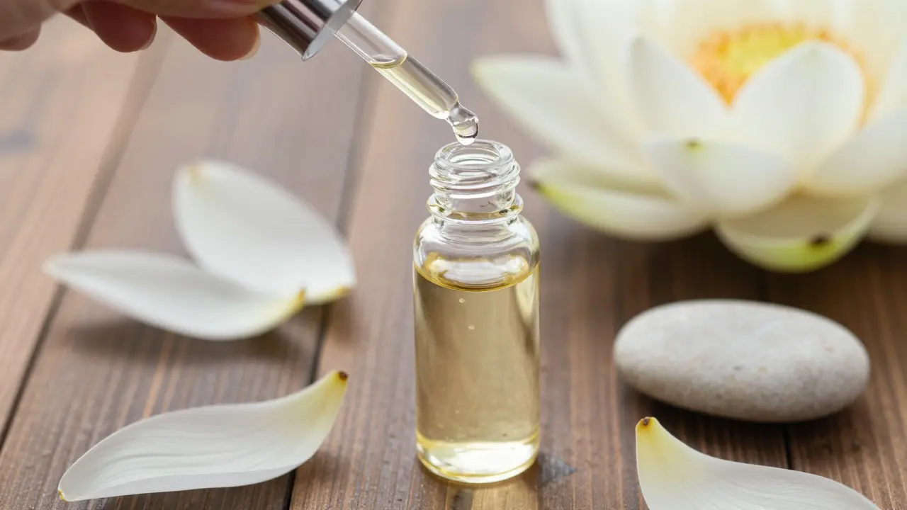 Detail lahvi s přírodním masážním olejem, lotosových okvětků a hladkého kamene.