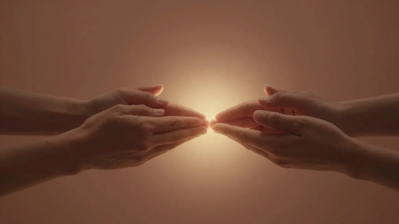 Detail rukou v laskavém gestu s jemnou zlatou aurou symbolizující důvěru.