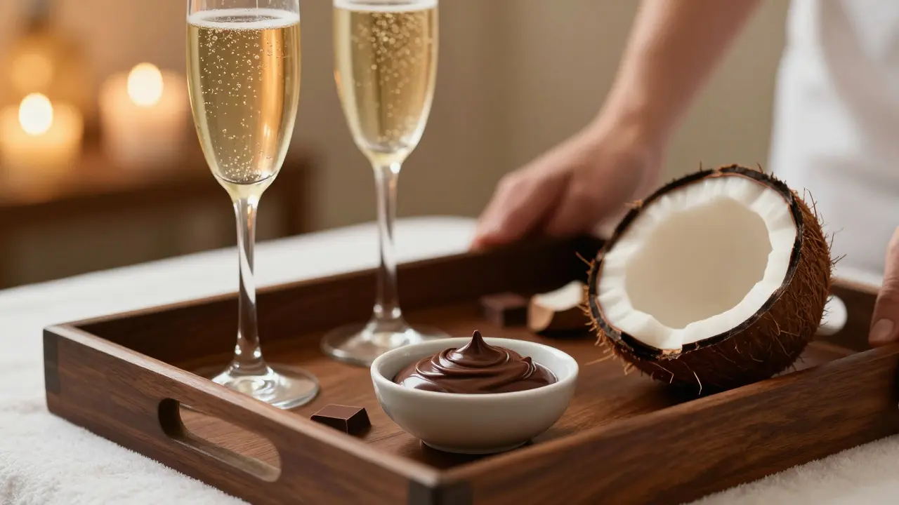 Detaily romantické masáže: šampaňské, čokoláda a kokos v elegantním spa.