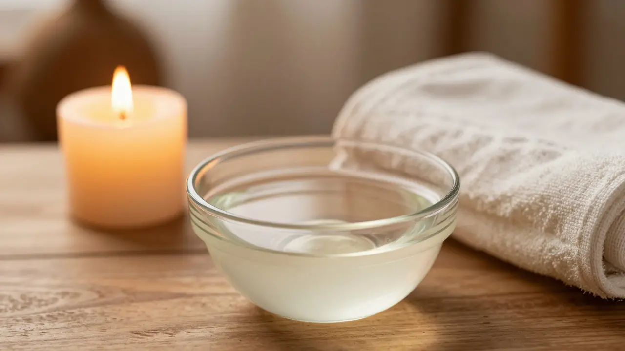 Kvalitní kokosový olej a zapálená svíčka v uklidňujícím prostředí.