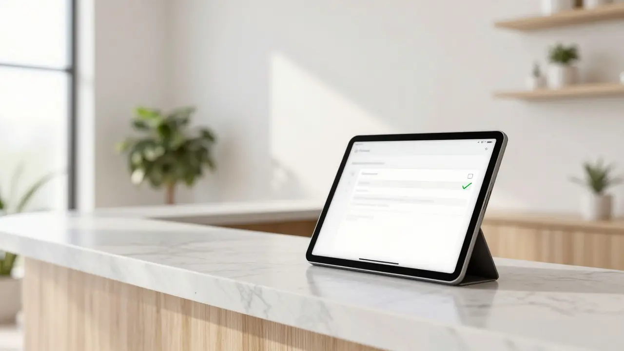 Moderní recepce wellness studia s tabletem pro profesionální souhlas s GDPR.