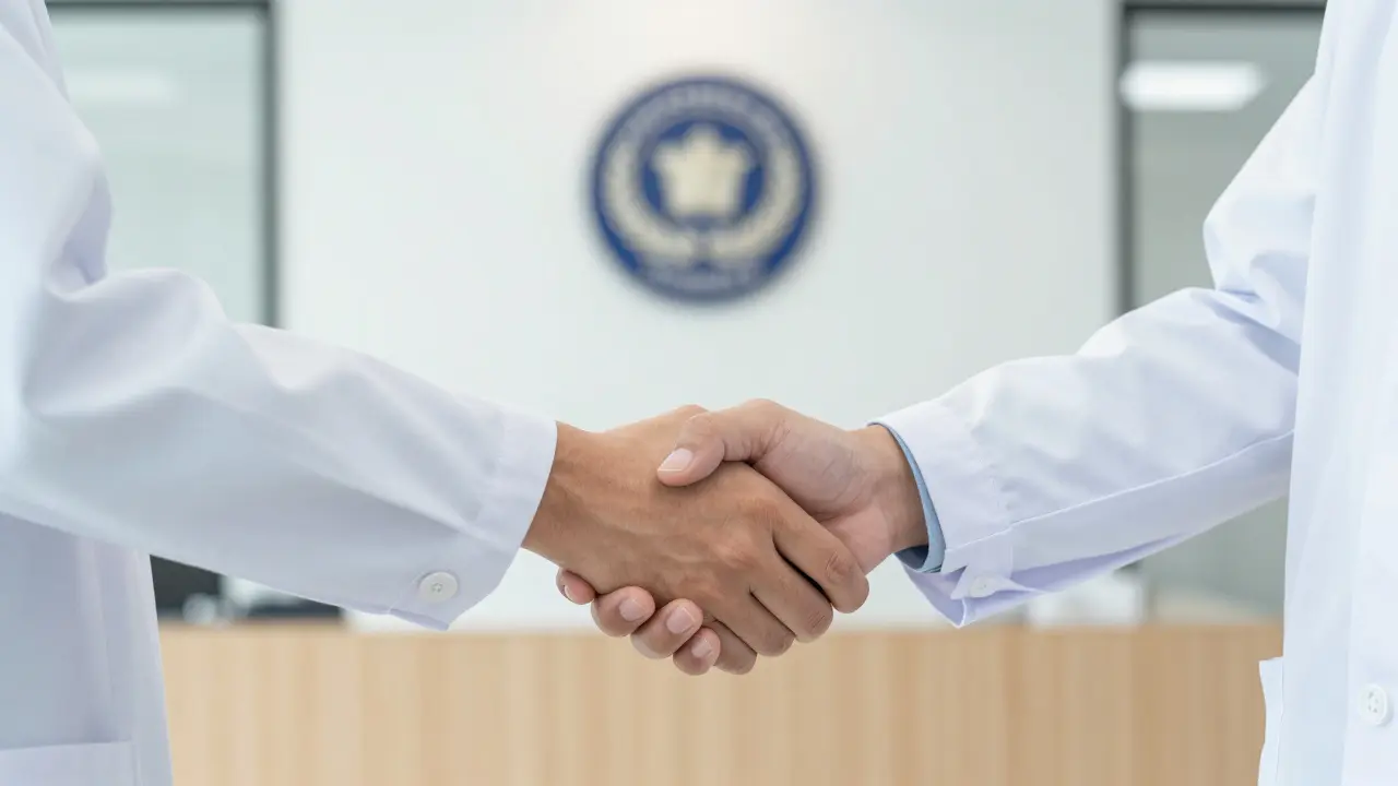 Podání ruky mezi klientem a kvalifikovaným odborníkem v moderní klinice.