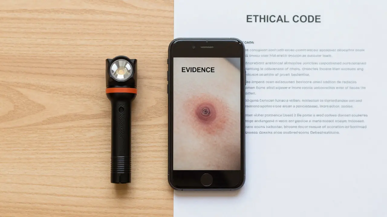 Smartphon s fotografií modřiny a dokument s etickým kodexem na stole.