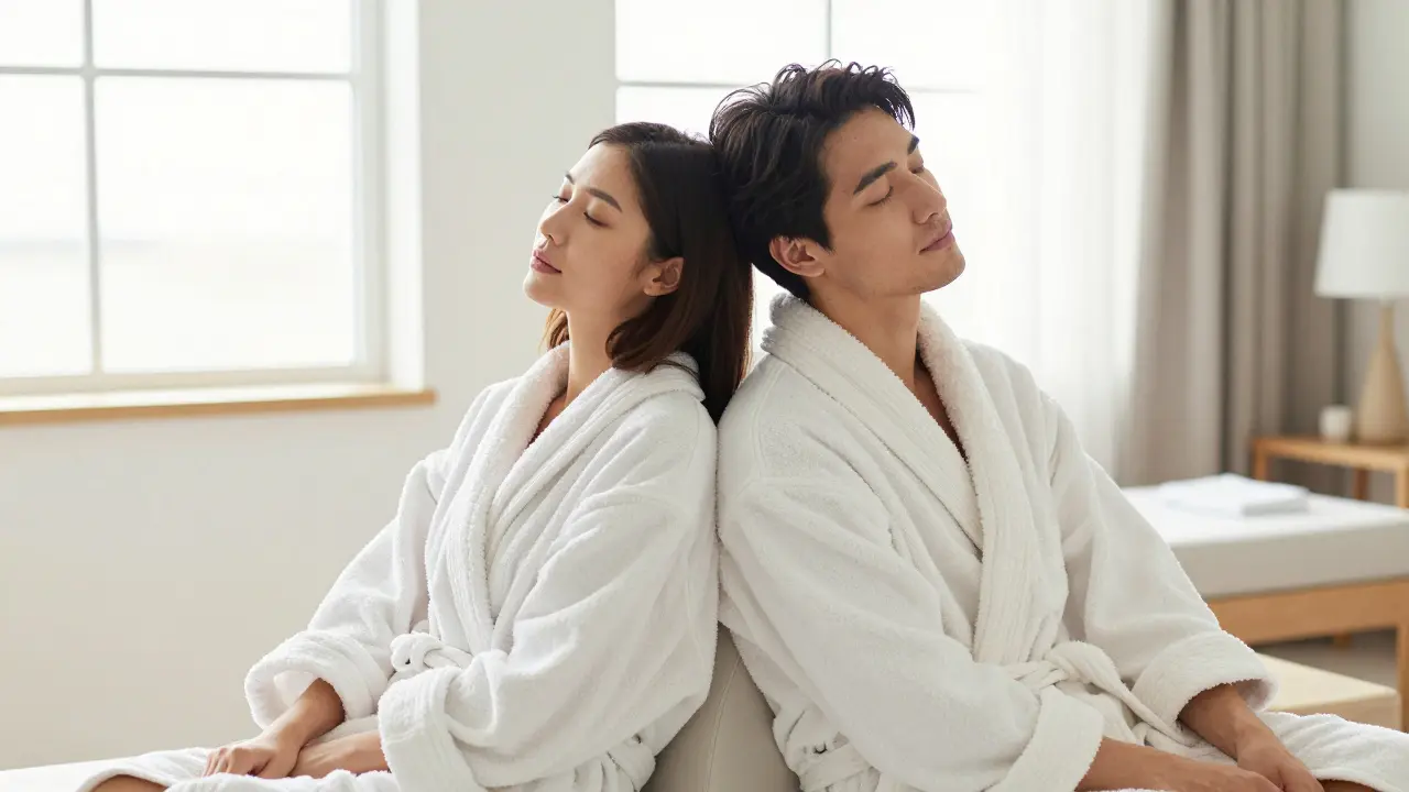 Šťastný pár v bílých županech odpočívající v zářivém wellness centru.