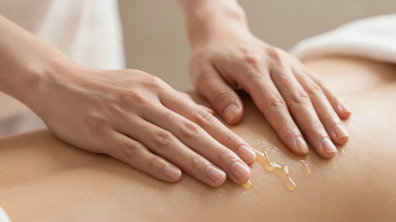 Detailní záběr rukou nanášejících teplý olej na kůži pro intimní kontakt.