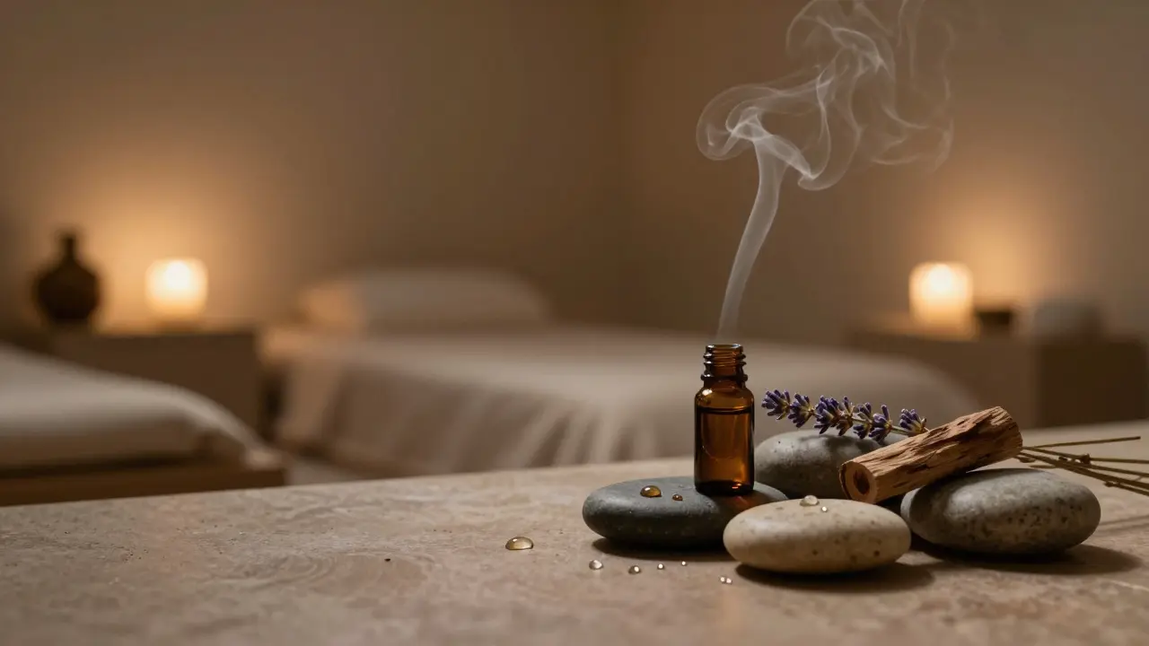 Klidná atmosféra masážního salónu s vonnými oleji a slabým teplým světlem pro relaxaci