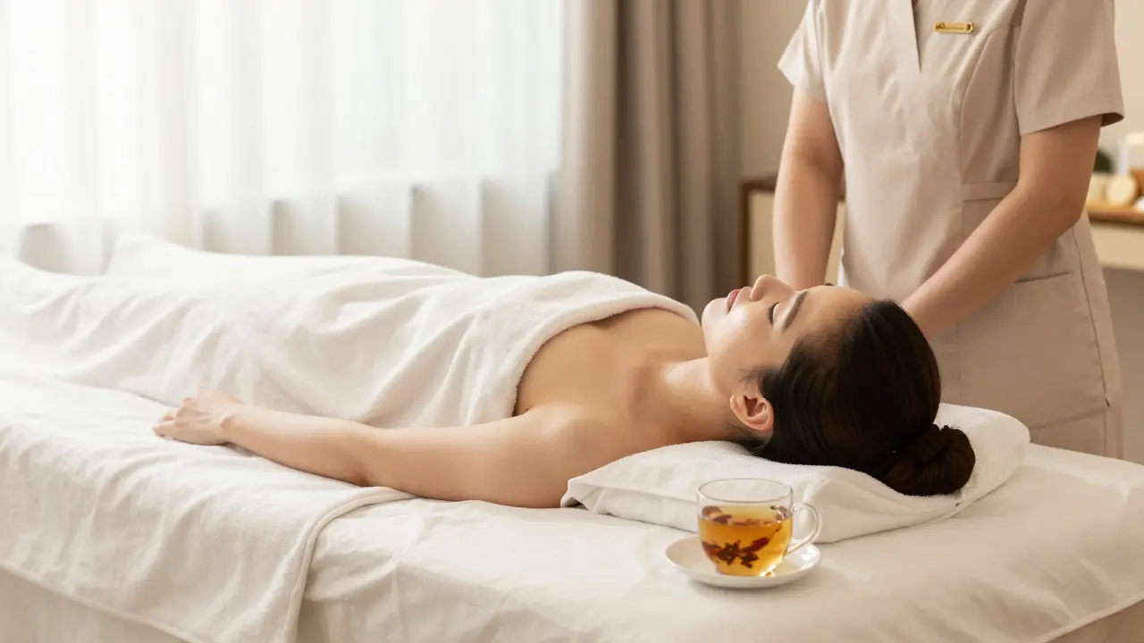 Klient v hluboké relaxaci v bezpečném prostředí wellness salonu