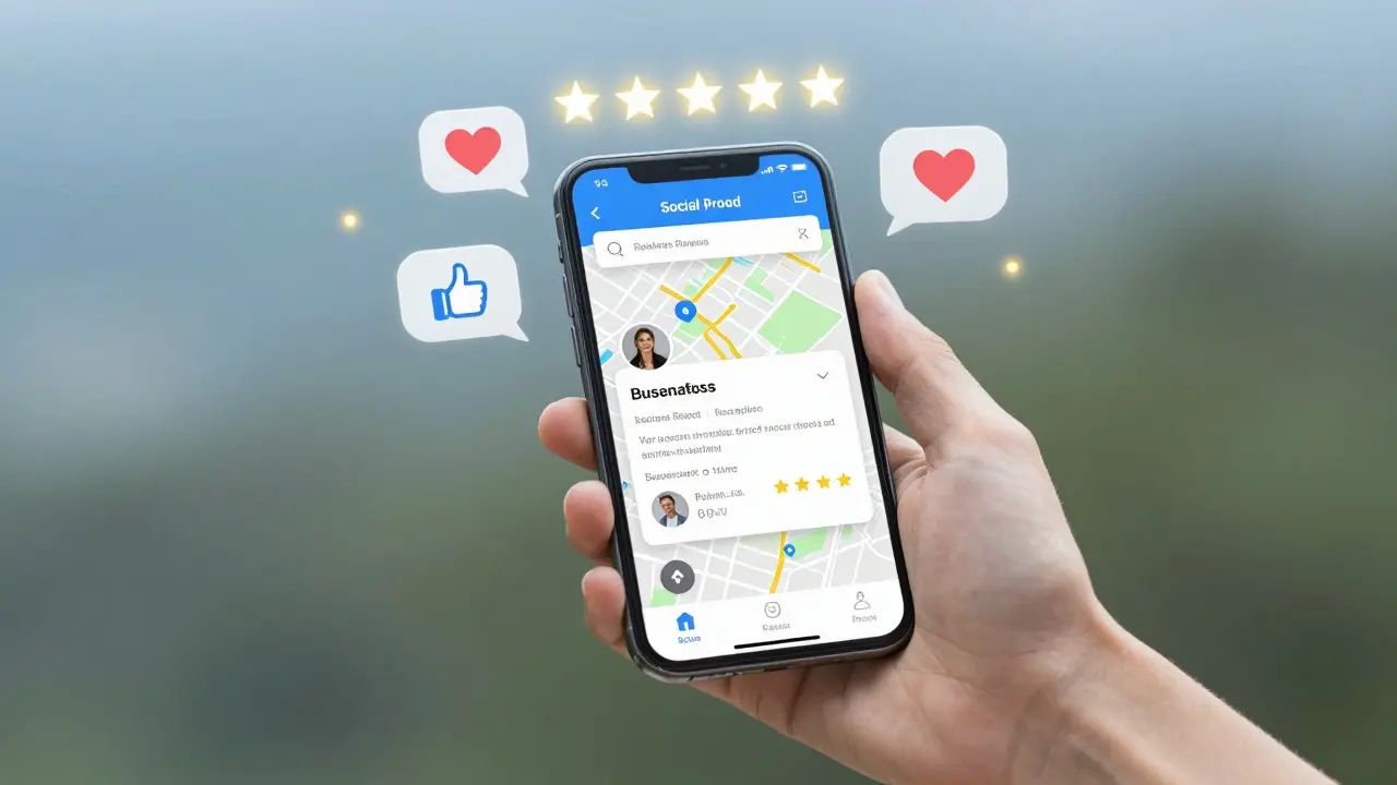 Smartphone showing a business profile with floating star ratings and reviews