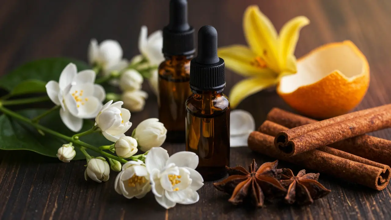 Květiny jasmínu, ylang-ylangu a skořice kolem lahví esenciálních olejů