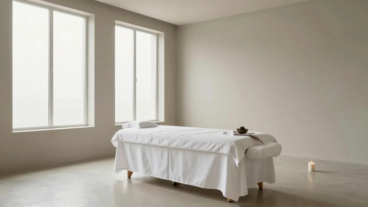 Minimalistická terapeutická místnost s masážním stolem