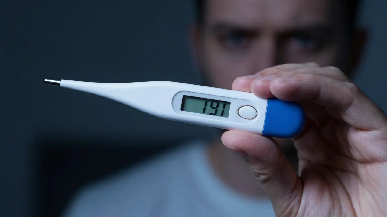 Termometr ukazující vysokou horečku jako varovný signál