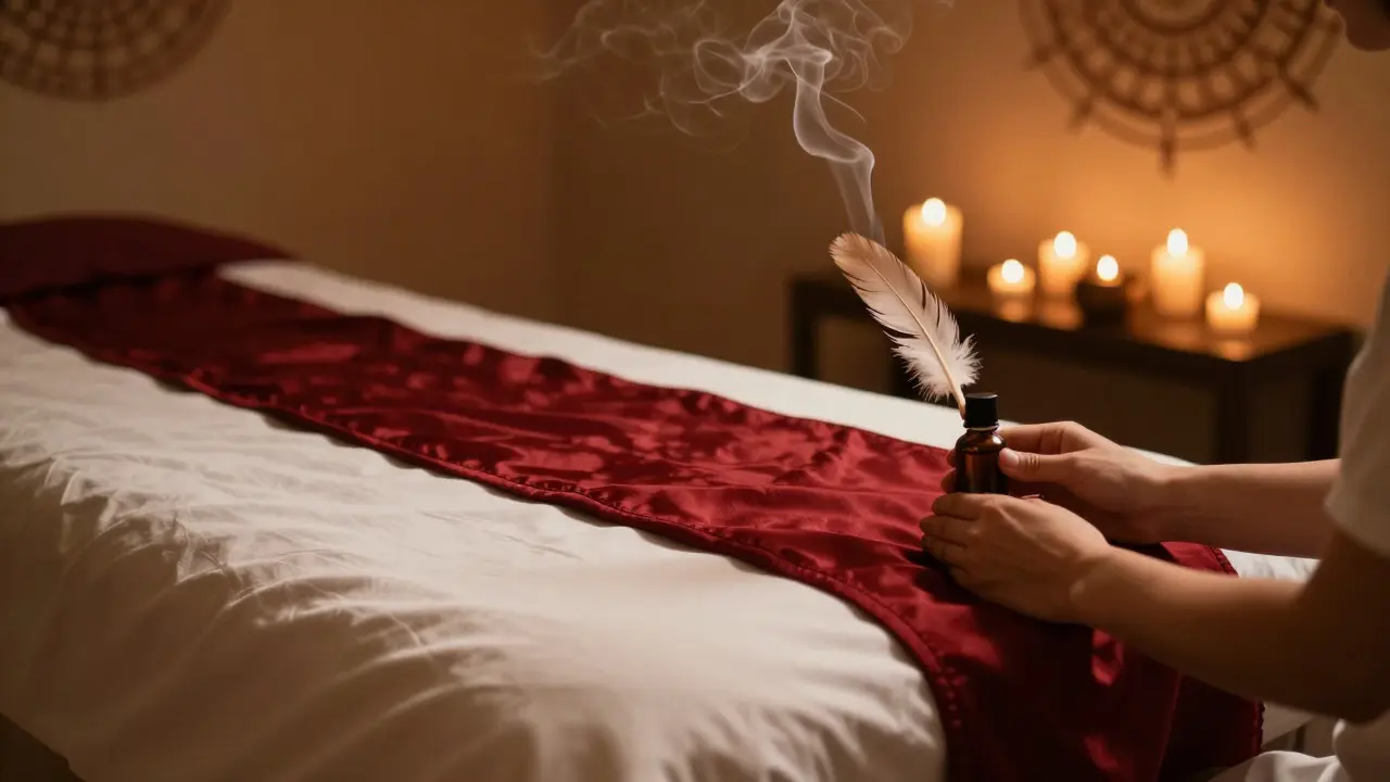 Klidná masážní místnost sandles a oleji, atmosféra rituálu a bezpečí.