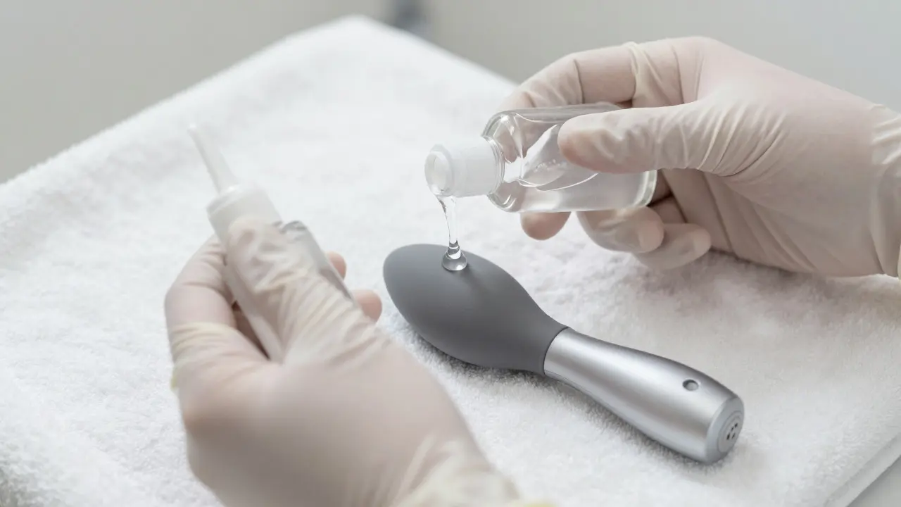 Lekářské rukavice, lubrikační gel a masážní pomůcka na bílém podkladě