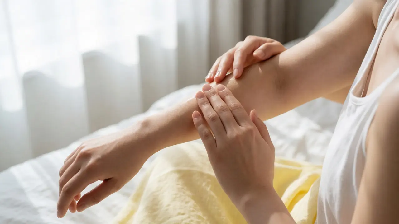 Ruce jemně nanášející mandlový olej na předloktí při ranním rituálu péče o tělo