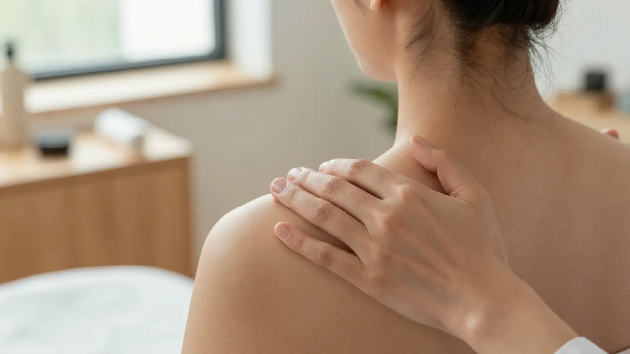 Ruce terapeuta na rameni klienta symbolizují důvěru, souhlas a profesionální péči.