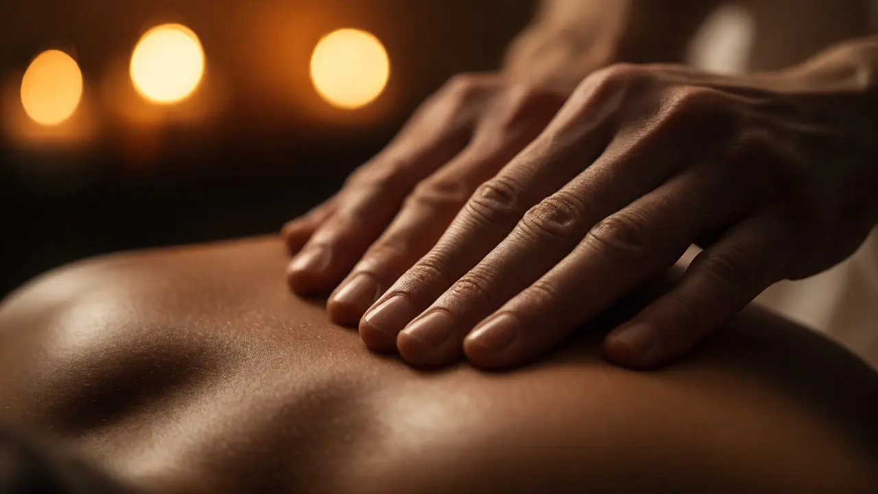 Detailní záběr na pomalý, vědomý dotyk terapeuta během masáže