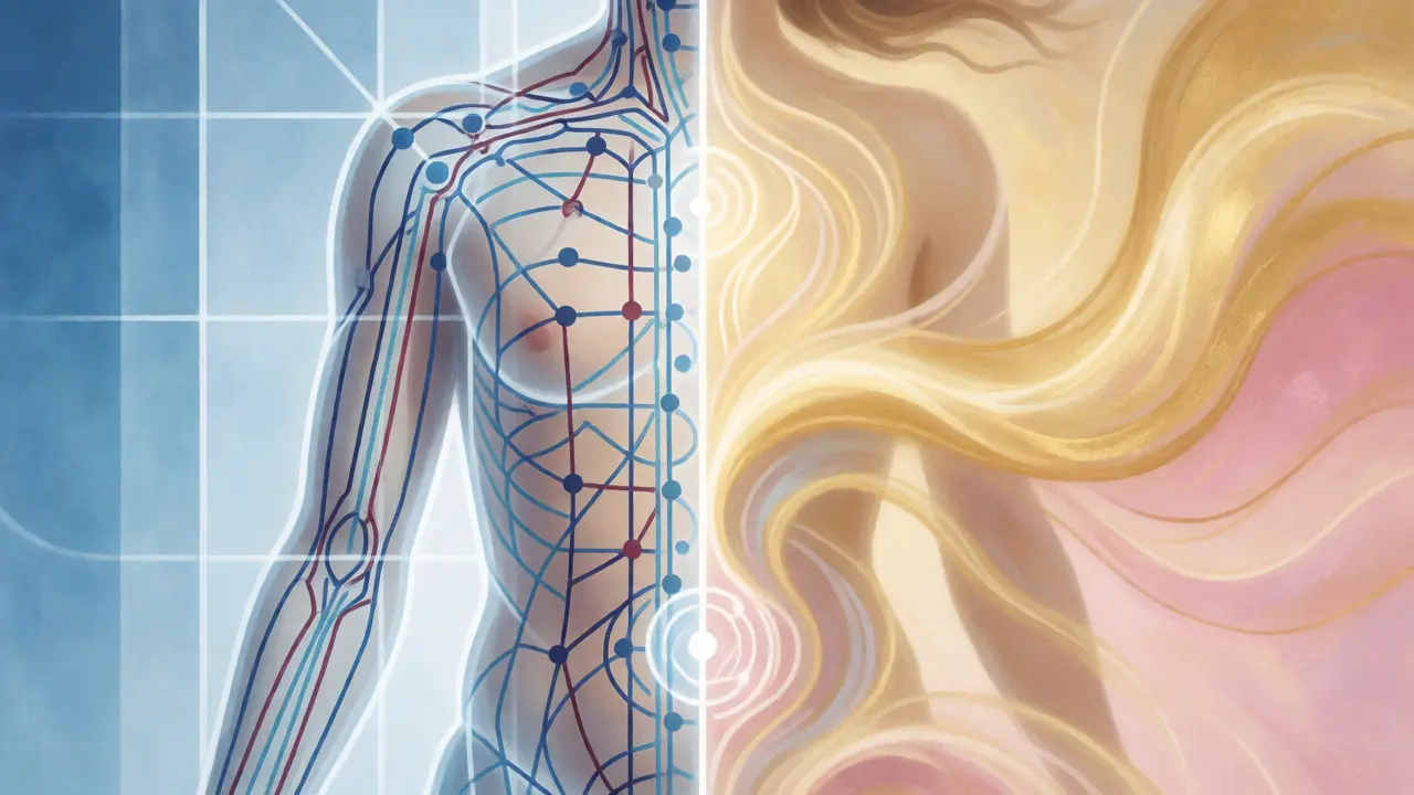 Konceptuální rozdělení obrazu znázorňující rozdíl mezi strukturou shiatsu a prouděním energie tantrické masáže.