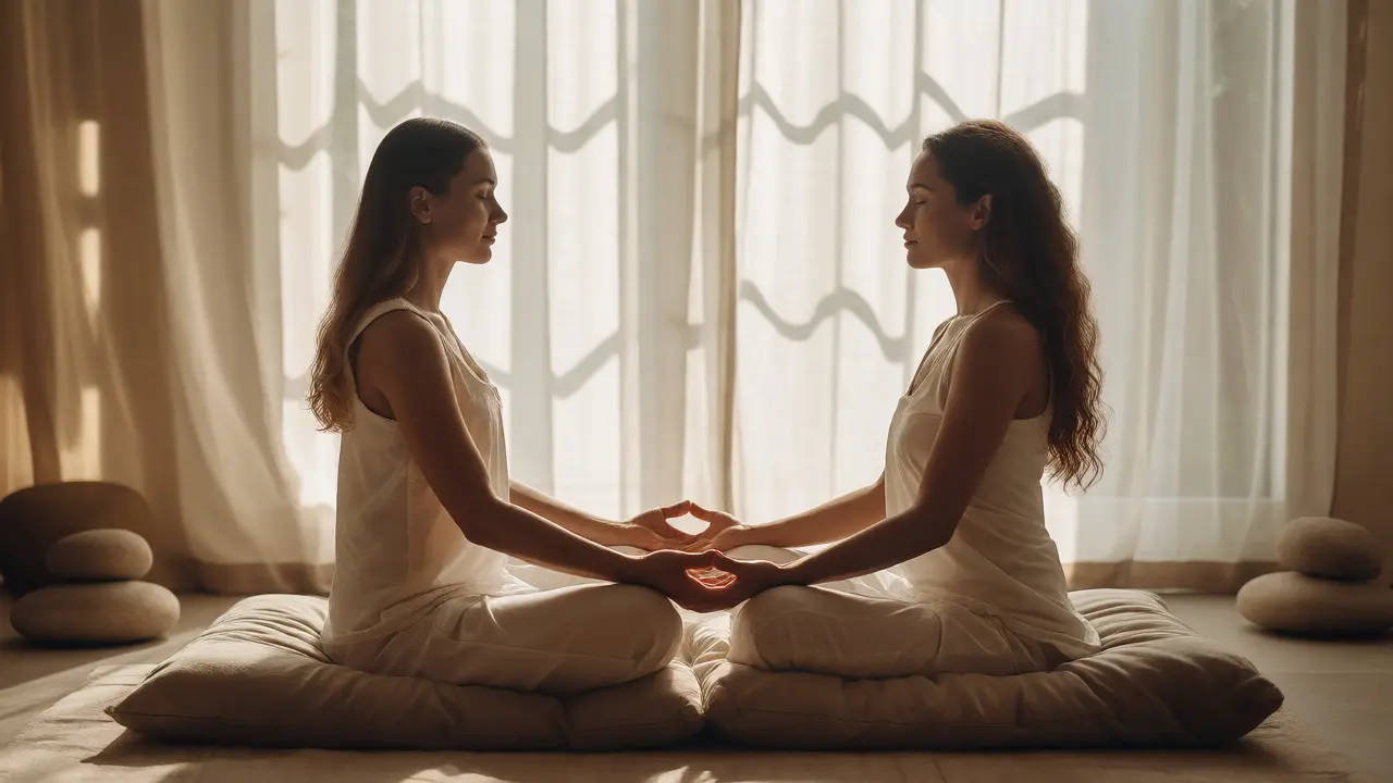 Partneři sedící si naproti sobě v meditativní pozici s propojenýma rukama.