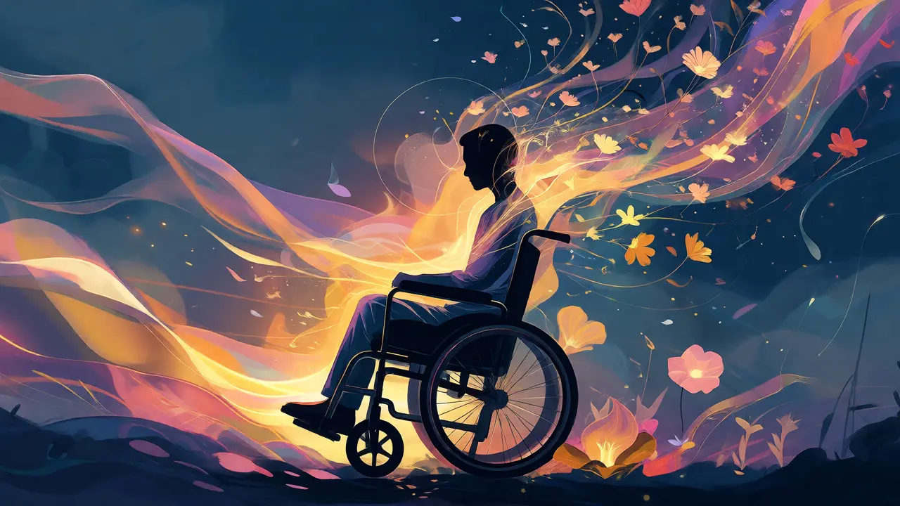 Abstract art showing a wheelchair user surrounded by flowing light and flowers.