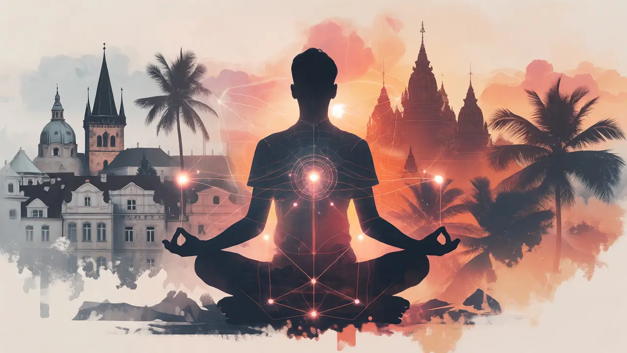 Silueta meditační osoby propojující prvky českého města a exotické krajiny